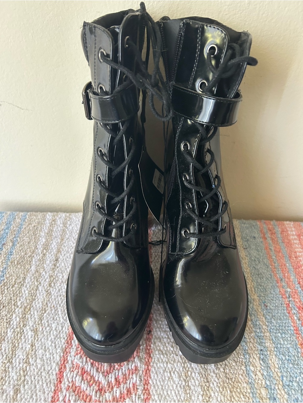 Forever 21 Black Patent Lace-Up Combat Boots - Women
